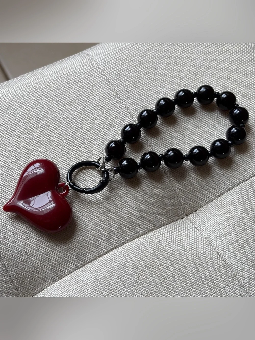 Black Beaded Bracelet/Keychain with Red Heart Charm